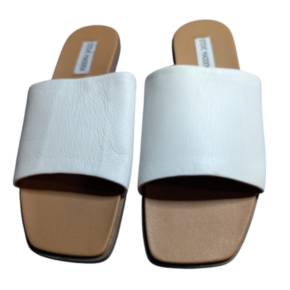 Steve Madden Karrmaa White Leather Slide Sandals – Minimalist Summer Flats – NWO
